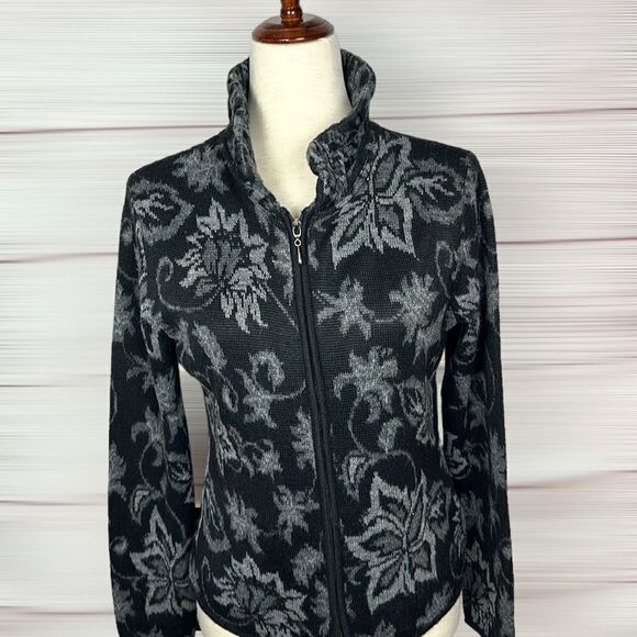 Peruvian Link Alpaca Black Gray Floral Zip Front Mock Neck Cardigan Sweater S - Picture 2 of 12